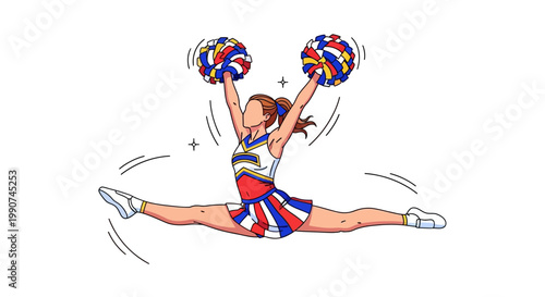 Dynamic Cheerleader Performing Split Jump with Pom Poms Sports Spirit and Teamwork Concept