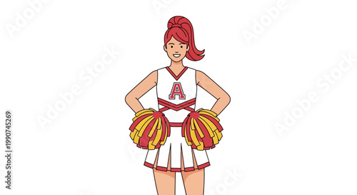 Young Female Cheerleader With Pom Poms in School Uniform Ready to Motivate and Support Team