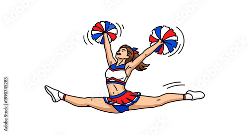 Energetic Cheerleader Performing Splits with Pom Poms Dynamic Action Shot