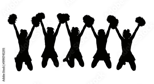 Silhouette of a Cheerleading Squad Jumping with Pom Poms Celebrating Victory