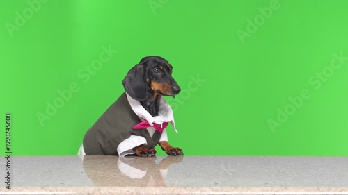 Dachshund dog in gray bartender apron and white shirt with pink bow tie turning toward camera on green screen, funny service breed concept, creative studio production.