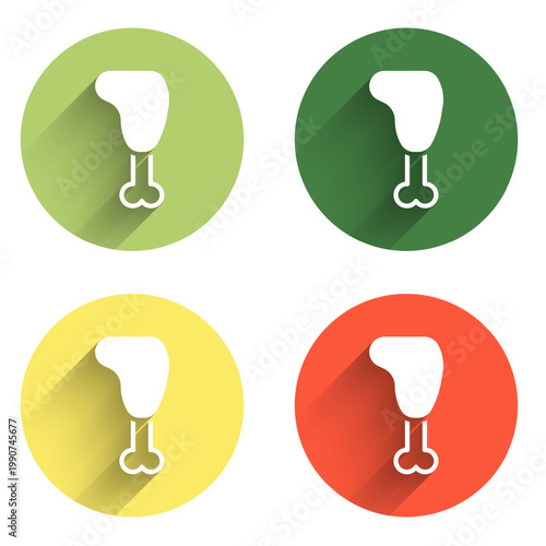 Set Chicken leg icon isolated with long shadow background. Chicken drumstick. Color circle button. Vector