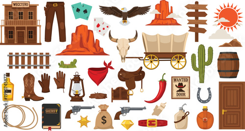 Vector Set of Wild West Icons and Elements Including Desert, Sheriff, Guns, and Cowboy Accessories