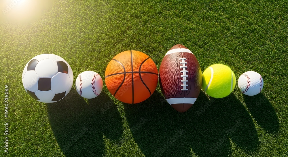 Naklejka premium Various Sports Balls on Grass Field, Outdoor Sports Equipment Collection