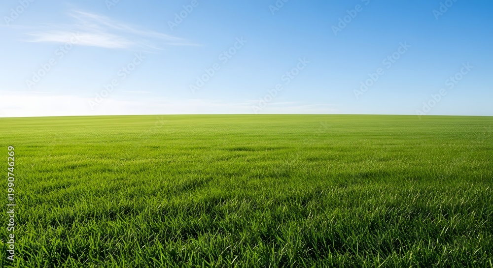 Fototapeta premium Green Grass Field Under Clear Blue Sky, Minimal Nature Landscape Background
