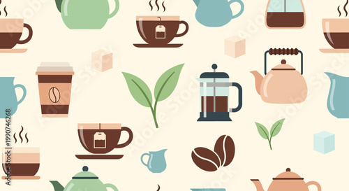 A cheerful, flat-design pattern of coffee and tea paraphernalia on a cream background
