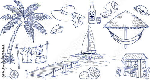 Tropical Beach Vacation Elements with Palm Tree, Cocktails, Sailboat, and Island Accessories for Travel, Resort, and Summer Websites, Apps, and Digital Media