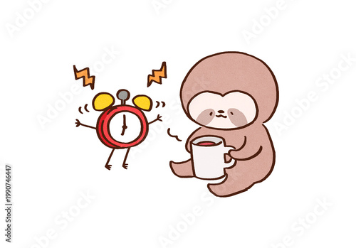 Fotografie Sloth drinking warm tea at its own pace despite the ringing alarm clock, slow li