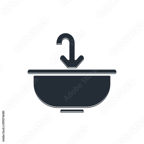 Black Washbasin with water tap icon isolated on white background. Vector