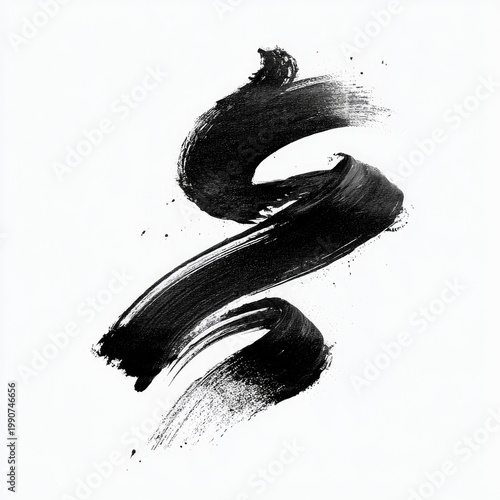 Monochrome paint stroke, thick brush, abstract, swirling lines, contrasted on white backdrop