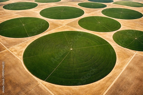 Aerial view of circular green crop fields with irrigation systems