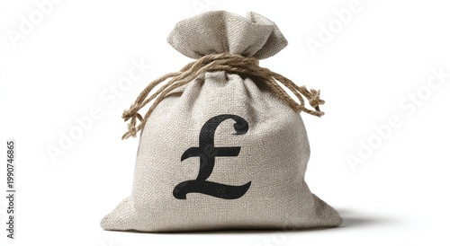 A tied burlap sack emblazoned with a prominent pound sterling symbol