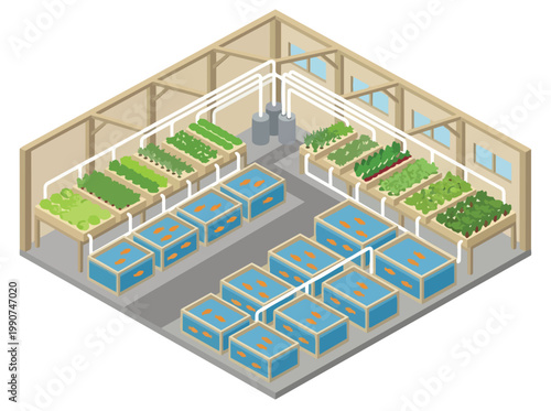 Isometric view of a smart agriculture vertical farm setup, showcasing sustainable hydroponic systems and efficient crop cultivation within a modern greenhouse