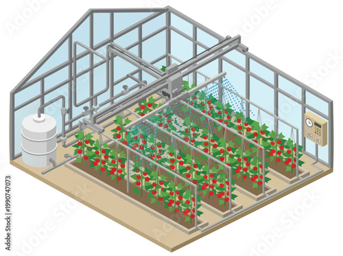 An isometric view of a smart agriculture greenhouse with lush plants and tomatoes in a controlled environment.