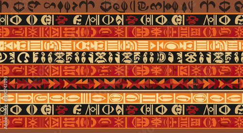 Vibrant, repeating tribal patterns in warm earth tones adorn this background