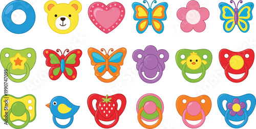 Colorful Set of Baby Pacifiers and Toys with Fun Animal and Shape Designs
