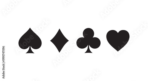 Playing card suit symbols including spade, diamond, club, and heart, iconic shapes for games, isolated vector graphics.