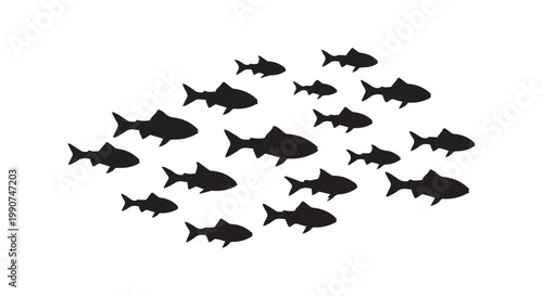 School of fish silhouette swimming together in group formation isolated on white background for marine wildlife art design.