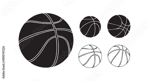 Set of basketballs in different sizes and styles, sports equipment and game balls graphic elements.