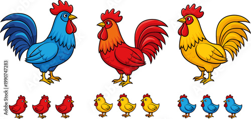 Vibrant Cartoon Roosters in Blue, Red, and Yellow with Chicks for Farmyard Illustrations and Cute Animal Designs