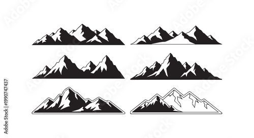 Set of mountain ranges vector illustrations black silhouettes of peaks landscape elements on white background.