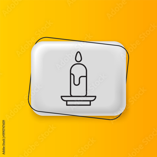Black Burning candle icon isolated on yellow background. Cylindrical candle stick with burning flame. Silver rectangle button. Vector