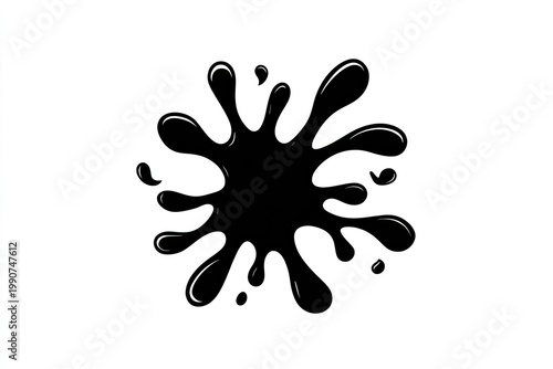 Black ink splat illustration with rounded edges and varying droplet sizes on a white background