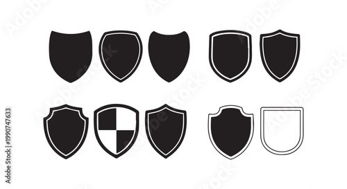 Shield collection for security and protection concepts featuring various heraldic crest shapes and emblem borders silhouette.
