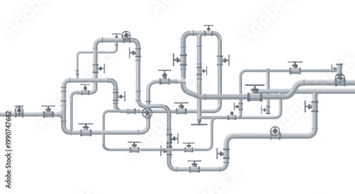 A dense and intricate network of gray industrial pipes and manual valves forms a complex interconnected system across a clean and stark white background.