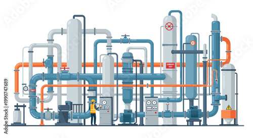 A skilled technician monitors a control panel within a vibrant industrial facility filled with colorful blue, orange, and gray pipes and storage tanks.