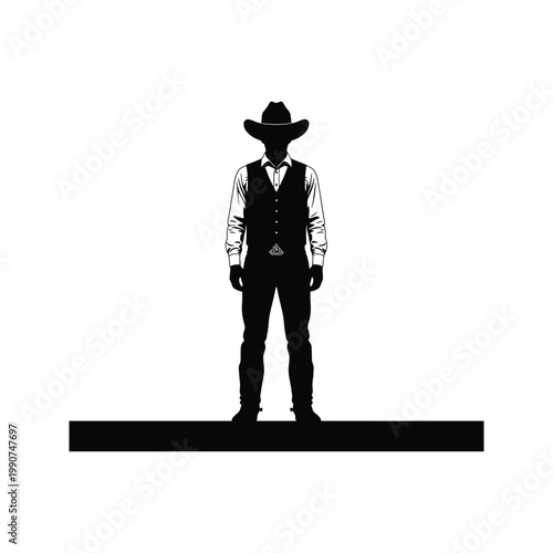 Silhouette of cowboy in hat and vest standing on platform against white background, western style clothing.