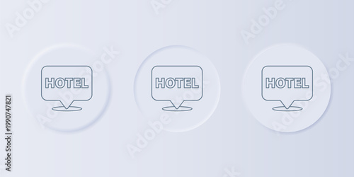 Grey Location hotel icon isolated on grey background. Concept symbol for hotel, hostel, travel, housing rent, real estate. Set icons in square buttons. Vector