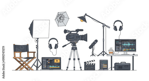 A meticulous arrangement of professional cinematography equipment featuring a high-definition camera and studio lighting stands against a white backdrop.