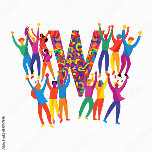 Colorful illustration of diverse people celebrating around a large letter w