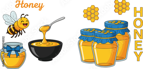Honey Jar Collection with Cute Bee, Honeycomb, and Bowl Representing Natural Sweet Food and Organic Beekeeping Concept in Vector Illustration