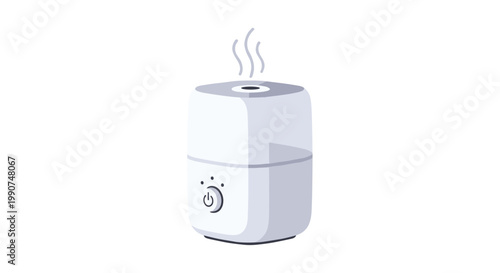 A pristine white ultrasonic humidifier with a transparent water reservoir stands elegantly while emitting a gentle stream of vapor on a white background.