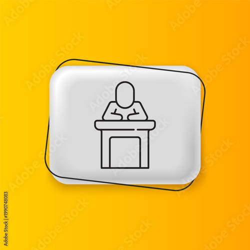 Black Speaker icon isolated on yellow background. Orator speaking from tribune. Public speech. Person on podium. Silver rectangle button. Vector