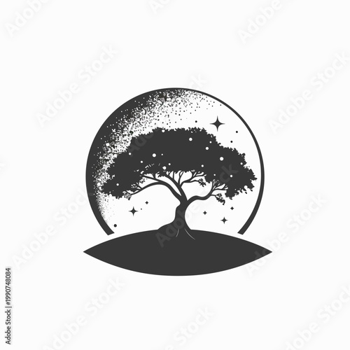 Silhouette of a tree within a circle with starry sky background vector design