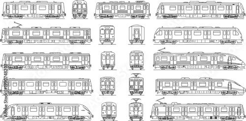 Large collection of subway train and metro car vector line icons featuring side and front views isolated on white background for urban transportation transit system design