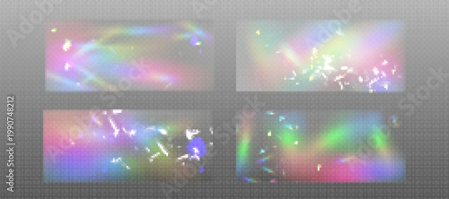 Holographic light effects, transparent background. Iridescent rainbow texture, shimmering sparkle overlay, abstract glow design elements