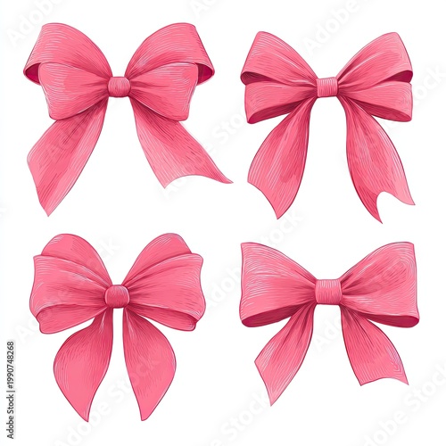 Four stylized, pink ribbon bows of varying forms, rendered with soft lighting and texture