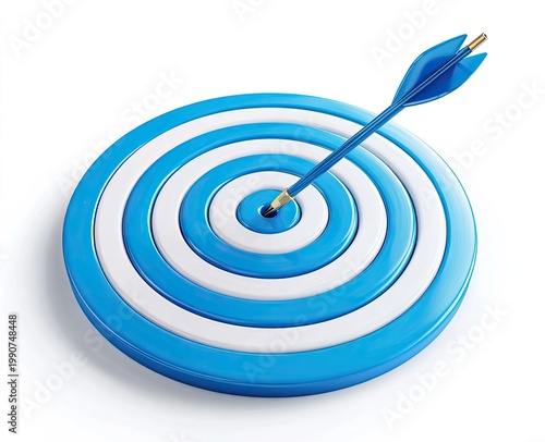 A 3D blue and white target with an arrow hitting the bullseye on white