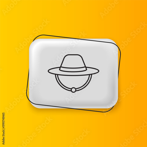 Black Camping hat icon isolated on yellow background. Beach hat panama. Explorer travelers hat for hunting, hiking, tourism. Silver rectangle button. Vector