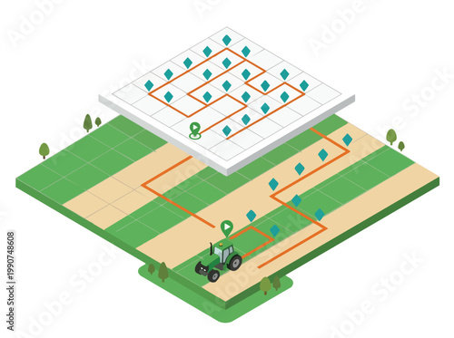 Isometric view of a smart agriculture farm with a tractor working on a field