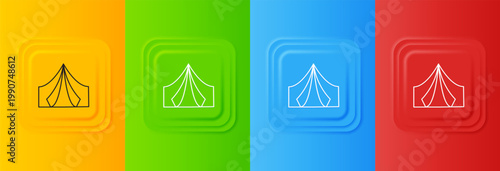 White Tourist tent icon isolated on colorful background. Camping symbol. Set icons in square buttons. Vector