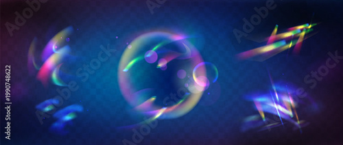 Vibrant iridescent light effects, dark blue background. Glowing rainbow prism, holographic overlay, abstract colorful texture