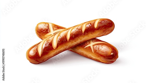 Two golden-brown, glossy sausages with crisscross scoring lie crossed
