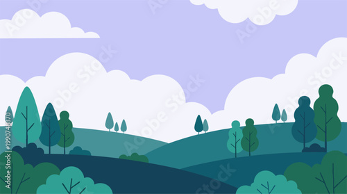 Serene Flat Design Landscape with Green Rolling Hills, Trees, and Clouds