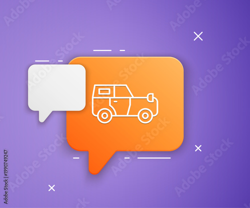 White Off road car icon isolated on purple background. Orange speech bubble symbol. Vector