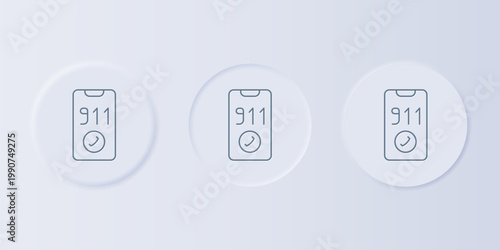 Grey Telephone with emergency call 911 icon isolated on grey background. Police, ambulance, fire department, call, phone. Set icons in square buttons. Vector